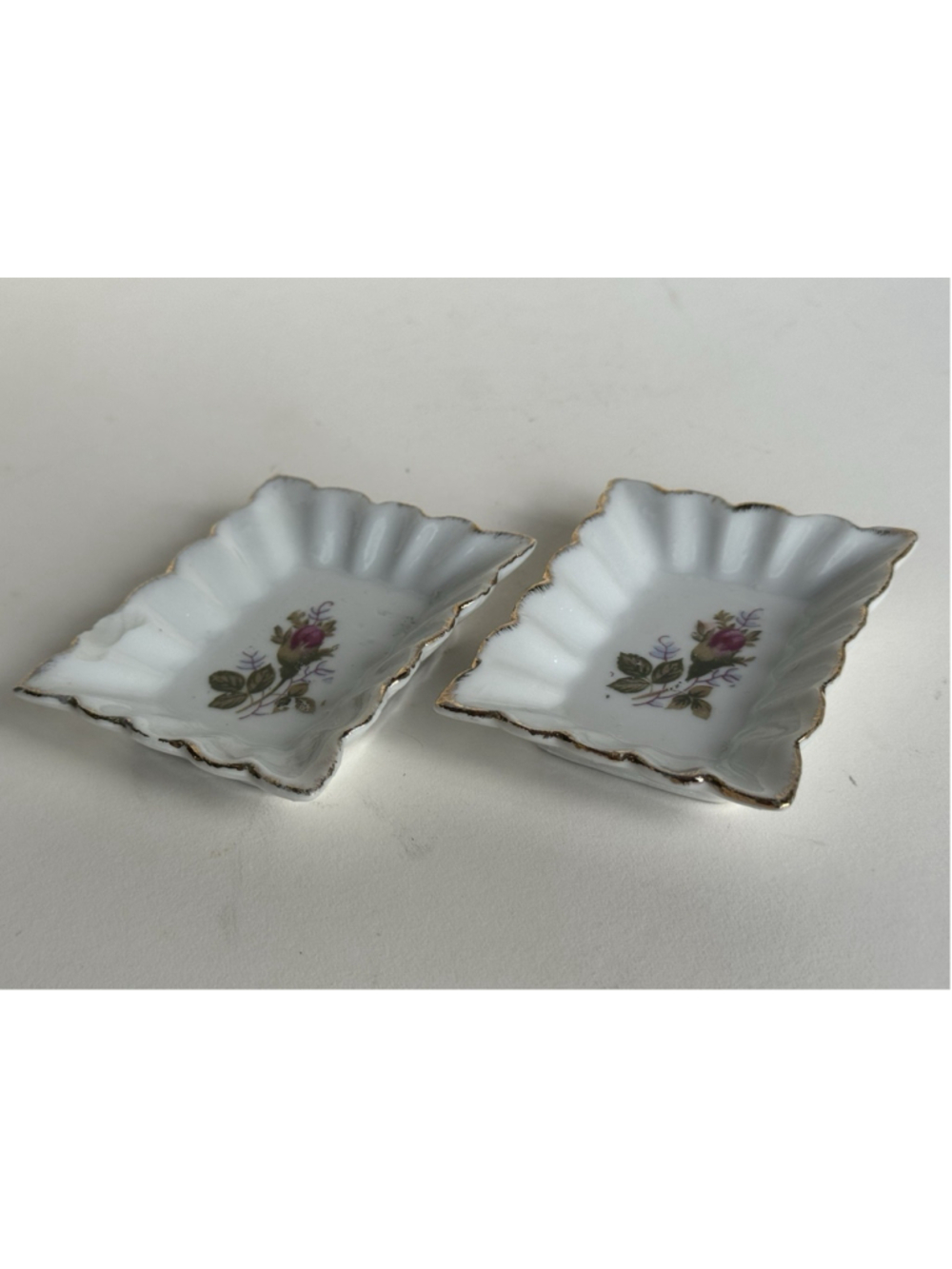 Set Of 2 VINTAGE 3.5” X 2.5” Rectangle Trinket Trays Moss ROSE Flower Japan